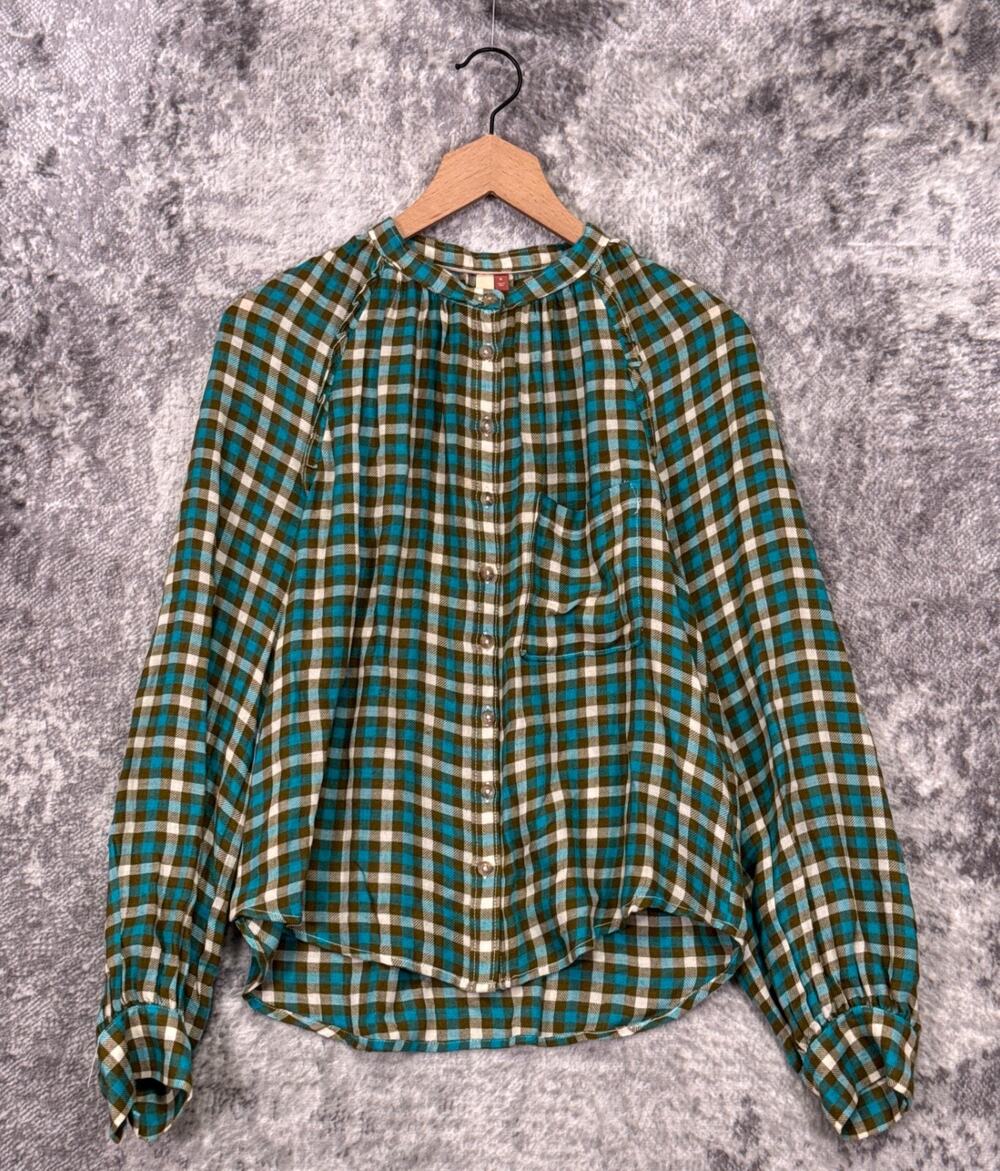 Anthropologie Shirt Medium Womens Pilcro Gingham Check Plaid Ruffle Button